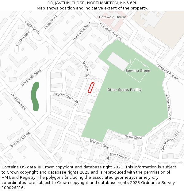 18, JAVELIN CLOSE, NORTHAMPTON, NN5 6PL: Location map and indicative extent of plot