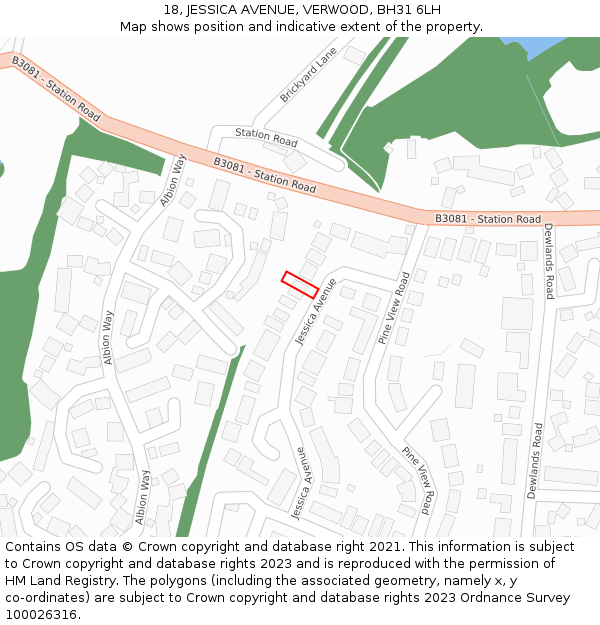 18, JESSICA AVENUE, VERWOOD, BH31 6LH: Location map and indicative extent of plot