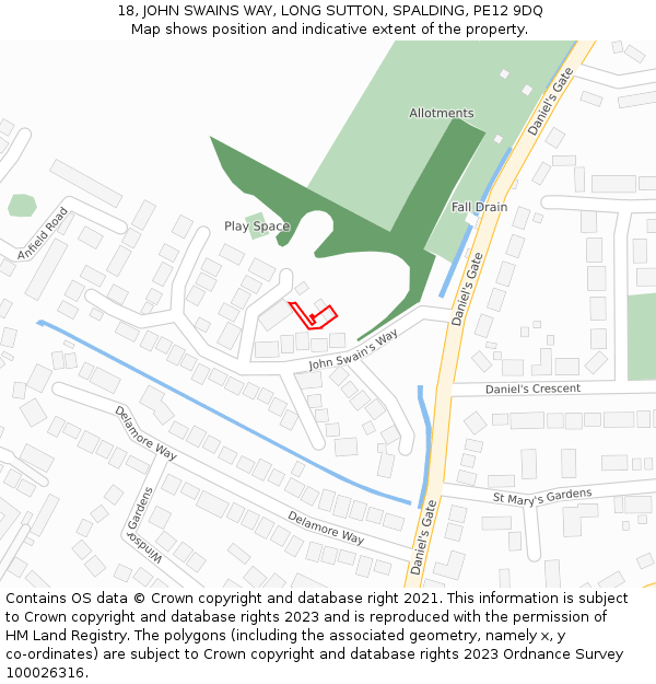 18, JOHN SWAINS WAY, LONG SUTTON, SPALDING, PE12 9DQ: Location map and indicative extent of plot