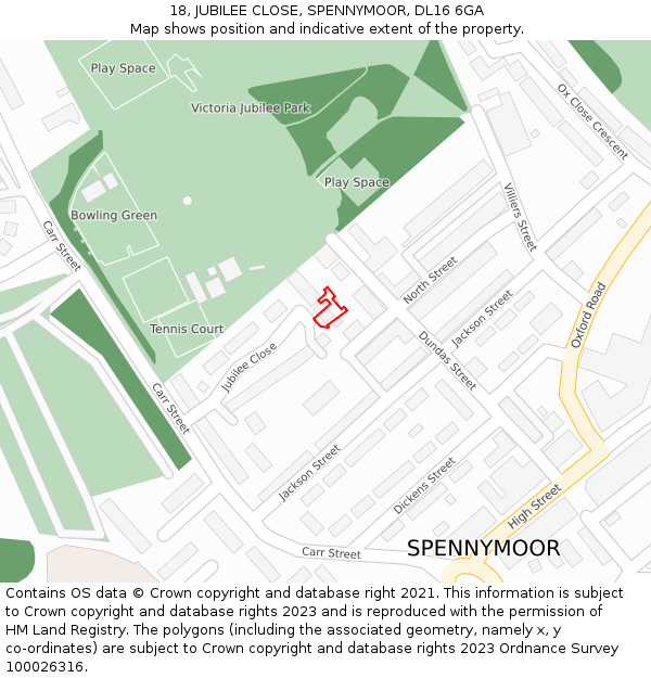 18, JUBILEE CLOSE, SPENNYMOOR, DL16 6GA: Location map and indicative extent of plot