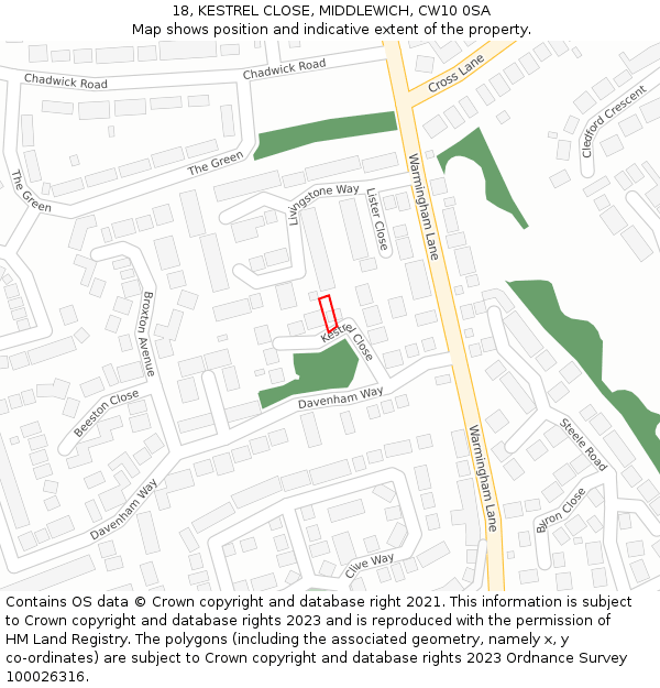18, KESTREL CLOSE, MIDDLEWICH, CW10 0SA: Location map and indicative extent of plot