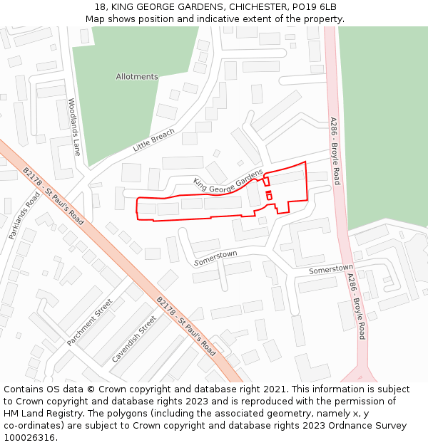 18, KING GEORGE GARDENS, CHICHESTER, PO19 6LB: Location map and indicative extent of plot