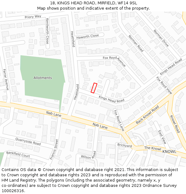 18, KINGS HEAD ROAD, MIRFIELD, WF14 9SL: Location map and indicative extent of plot