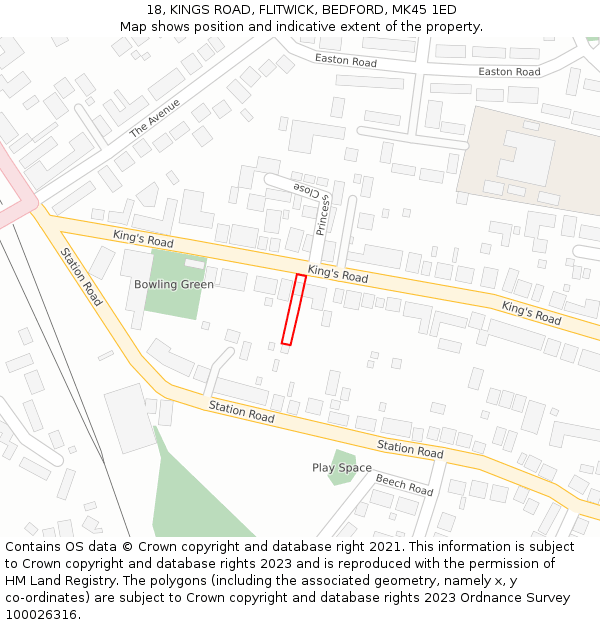 18, KINGS ROAD, FLITWICK, BEDFORD, MK45 1ED: Location map and indicative extent of plot