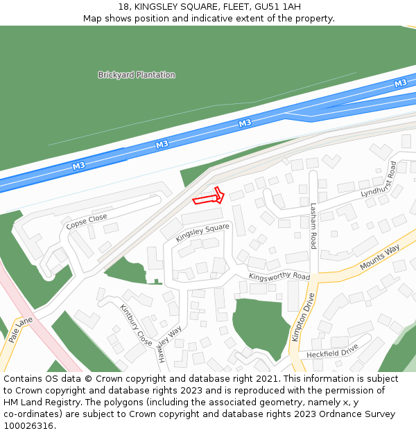 18, KINGSLEY SQUARE, FLEET, GU51 1AH: Location map and indicative extent of plot