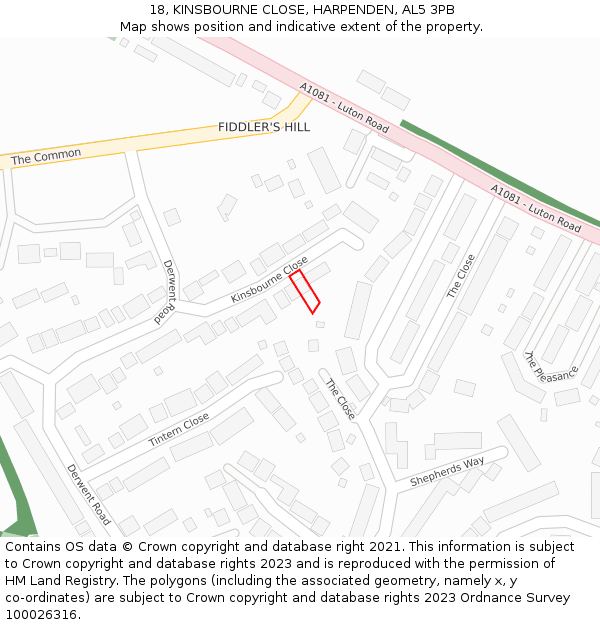 18, KINSBOURNE CLOSE, HARPENDEN, AL5 3PB: Location map and indicative extent of plot