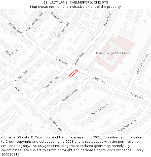 18, LADY LANE, CHELMSFORD, CM2 0TG: Location map and indicative extent of plot