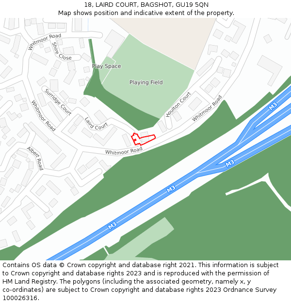 18, LAIRD COURT, BAGSHOT, GU19 5QN: Location map and indicative extent of plot