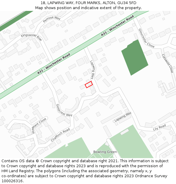 18, LAPWING WAY, FOUR MARKS, ALTON, GU34 5FD: Location map and indicative extent of plot