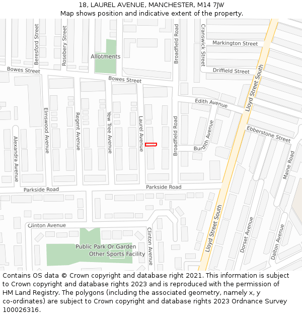 18, LAUREL AVENUE, MANCHESTER, M14 7JW: Location map and indicative extent of plot