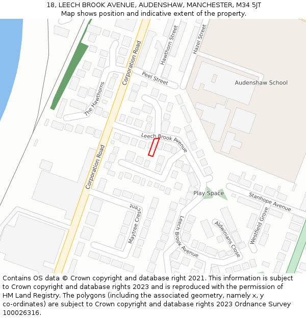 18, LEECH BROOK AVENUE, AUDENSHAW, MANCHESTER, M34 5JT: Location map and indicative extent of plot