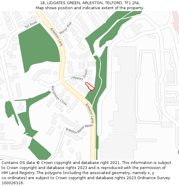 18, LIDGATES GREEN, ARLESTON, TELFORD, TF1 2NL: Location map and indicative extent of plot