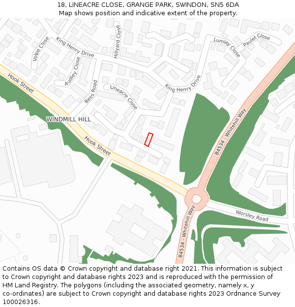 18, LINEACRE CLOSE, GRANGE PARK, SWINDON, SN5 6DA: Location map and indicative extent of plot