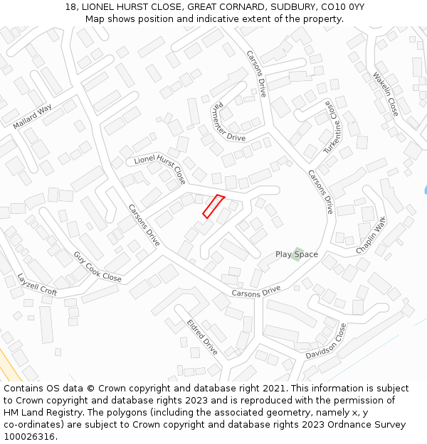 18, LIONEL HURST CLOSE, GREAT CORNARD, SUDBURY, CO10 0YY: Location map and indicative extent of plot