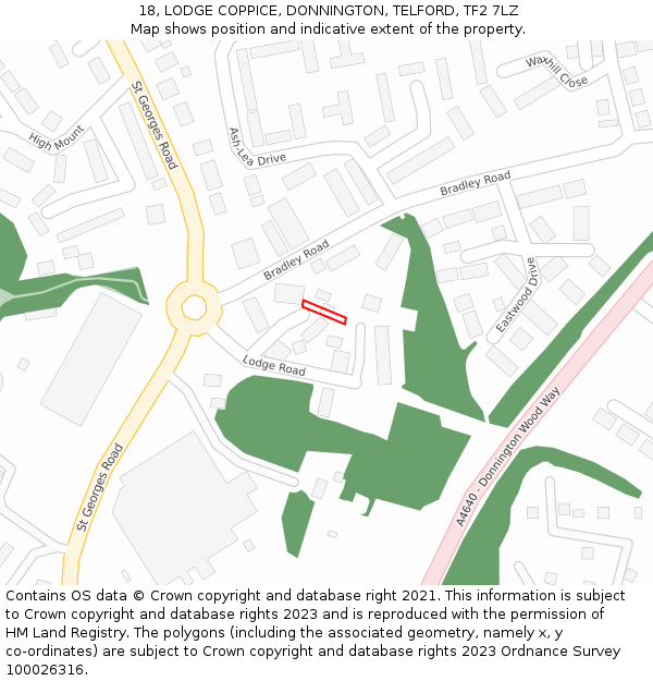 18, LODGE COPPICE, DONNINGTON, TELFORD, TF2 7LZ: Location map and indicative extent of plot
