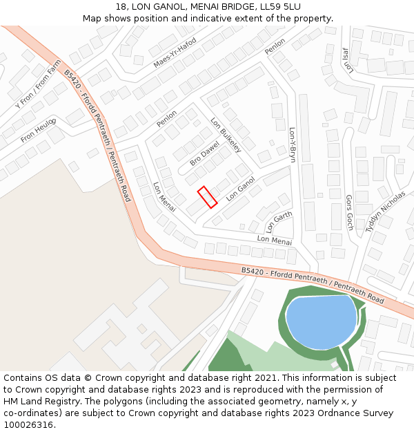 18, LON GANOL, MENAI BRIDGE, LL59 5LU: Location map and indicative extent of plot