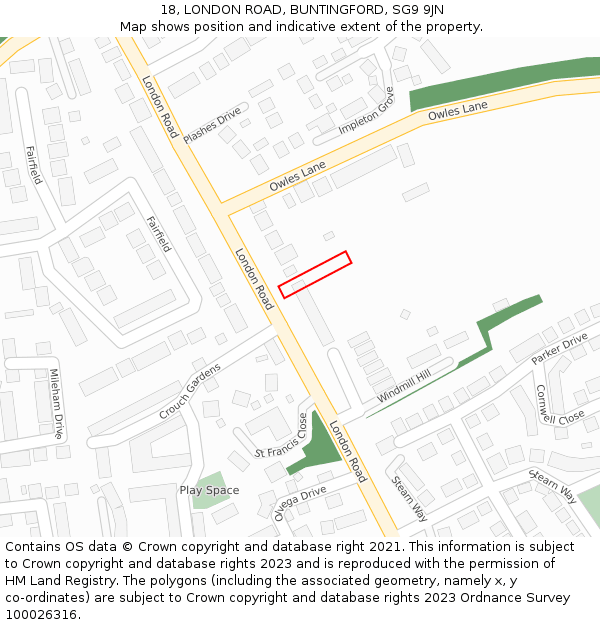 18, LONDON ROAD, BUNTINGFORD, SG9 9JN: Location map and indicative extent of plot