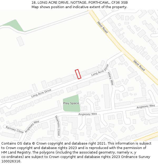 18, LONG ACRE DRIVE, NOTTAGE, PORTHCAWL, CF36 3SB: Location map and indicative extent of plot
