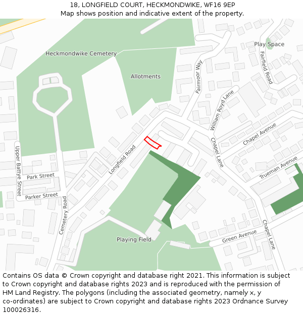 18, LONGFIELD COURT, HECKMONDWIKE, WF16 9EP: Location map and indicative extent of plot