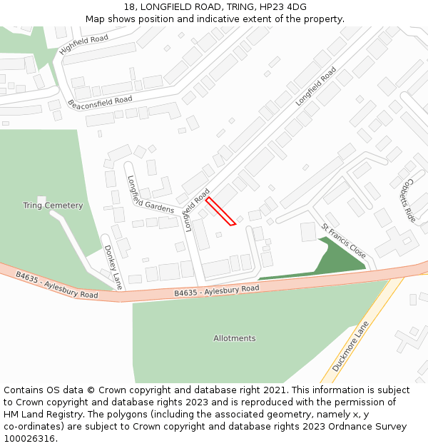 18, LONGFIELD ROAD, TRING, HP23 4DG: Location map and indicative extent of plot