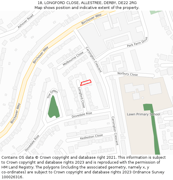 18, LONGFORD CLOSE, ALLESTREE, DERBY, DE22 2RG: Location map and indicative extent of plot