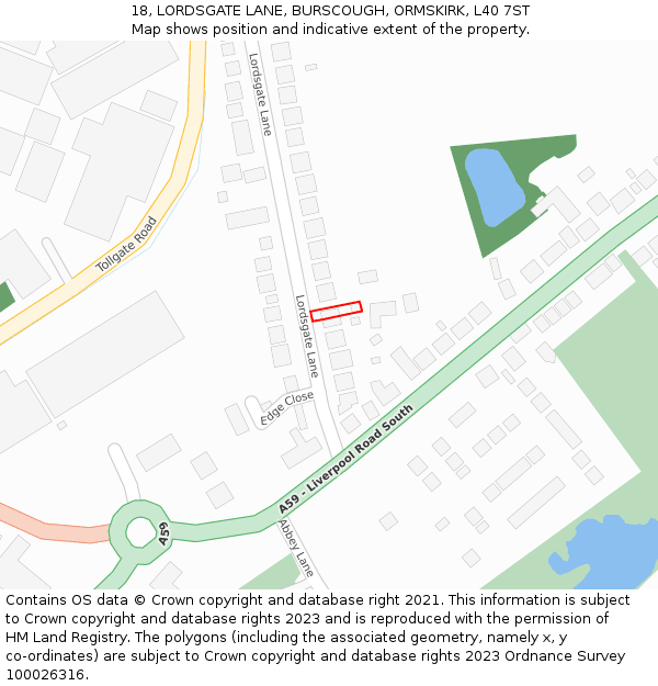 18, LORDSGATE LANE, BURSCOUGH, ORMSKIRK, L40 7ST: Location map and indicative extent of plot