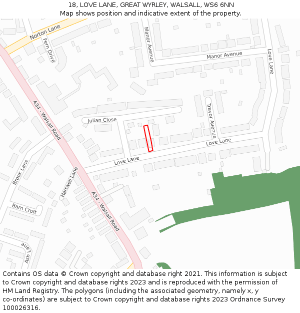 18, LOVE LANE, GREAT WYRLEY, WALSALL, WS6 6NN: Location map and indicative extent of plot