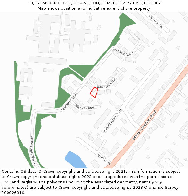 18, LYSANDER CLOSE, BOVINGDON, HEMEL HEMPSTEAD, HP3 0RY: Location map and indicative extent of plot