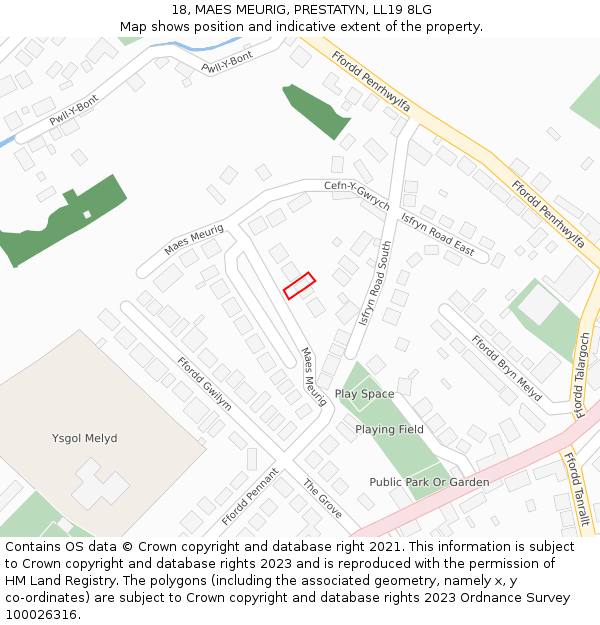 18, MAES MEURIG, PRESTATYN, LL19 8LG: Location map and indicative extent of plot