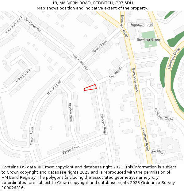 18, MALVERN ROAD, REDDITCH, B97 5DH: Location map and indicative extent of plot