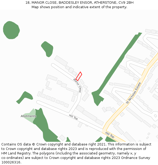 18, MANOR CLOSE, BADDESLEY ENSOR, ATHERSTONE, CV9 2BH: Location map and indicative extent of plot