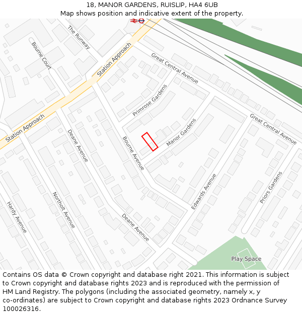 18, MANOR GARDENS, RUISLIP, HA4 6UB: Location map and indicative extent of plot