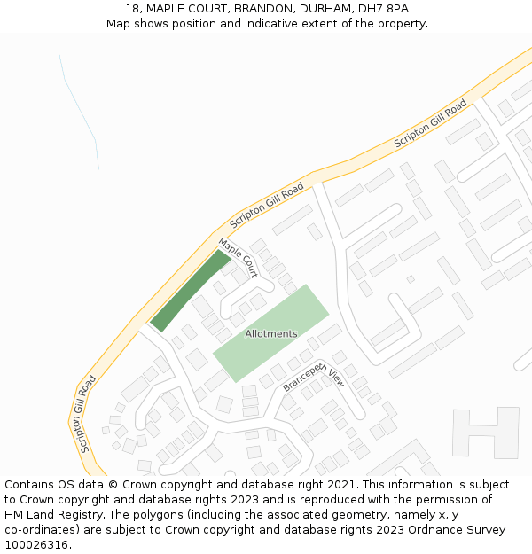 18, MAPLE COURT, BRANDON, DURHAM, DH7 8PA: Location map and indicative extent of plot