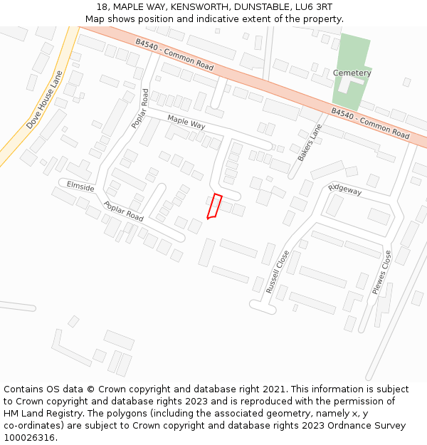 18, MAPLE WAY, KENSWORTH, DUNSTABLE, LU6 3RT: Location map and indicative extent of plot