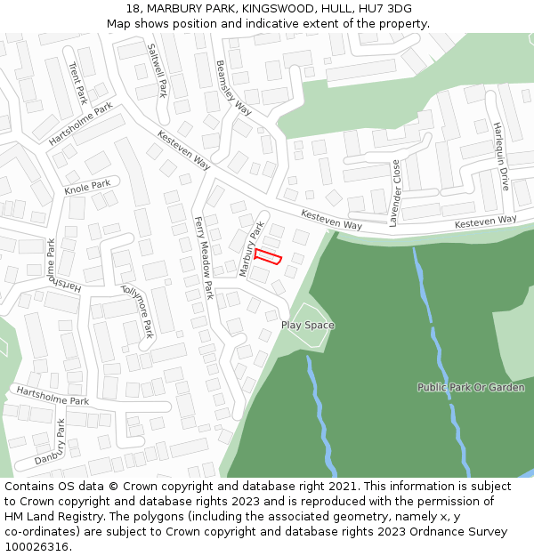 18, MARBURY PARK, KINGSWOOD, HULL, HU7 3DG: Location map and indicative extent of plot