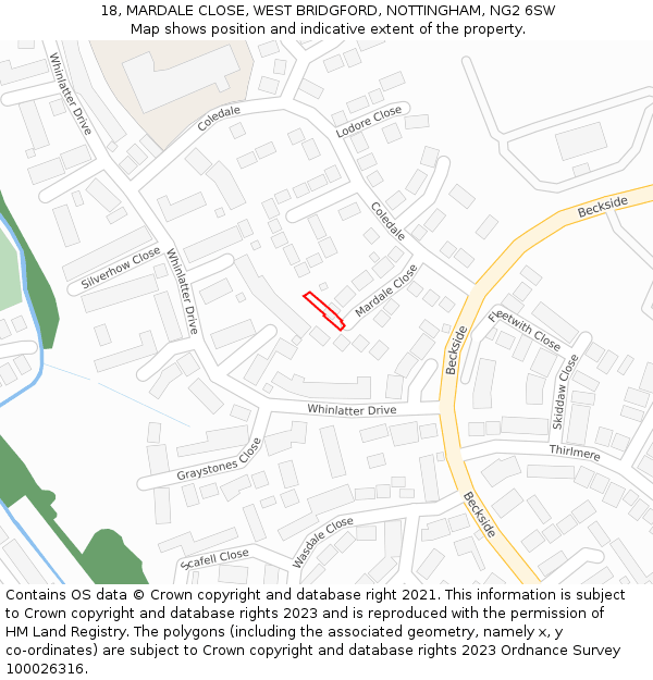 18, MARDALE CLOSE, WEST BRIDGFORD, NOTTINGHAM, NG2 6SW: Location map and indicative extent of plot