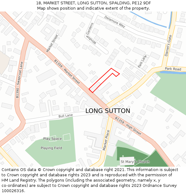 18, MARKET STREET, LONG SUTTON, SPALDING, PE12 9DF: Location map and indicative extent of plot