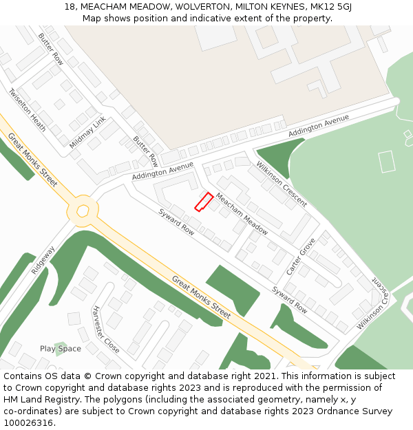 18, MEACHAM MEADOW, WOLVERTON, MILTON KEYNES, MK12 5GJ: Location map and indicative extent of plot