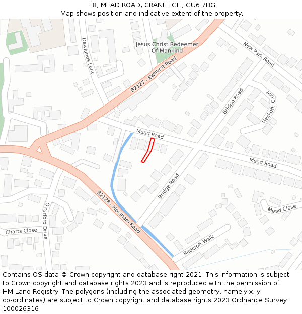 18, MEAD ROAD, CRANLEIGH, GU6 7BG: Location map and indicative extent of plot