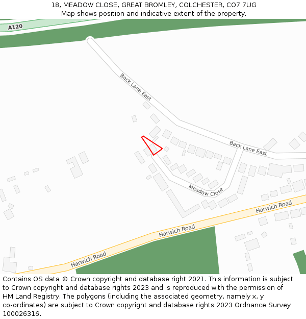 18, MEADOW CLOSE, GREAT BROMLEY, COLCHESTER, CO7 7UG: Location map and indicative extent of plot