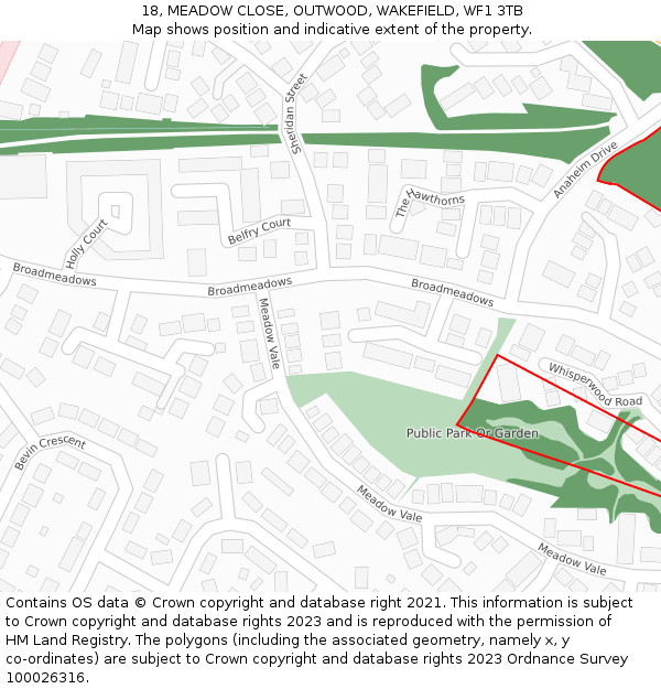 18, MEADOW CLOSE, OUTWOOD, WAKEFIELD, WF1 3TB: Location map and indicative extent of plot