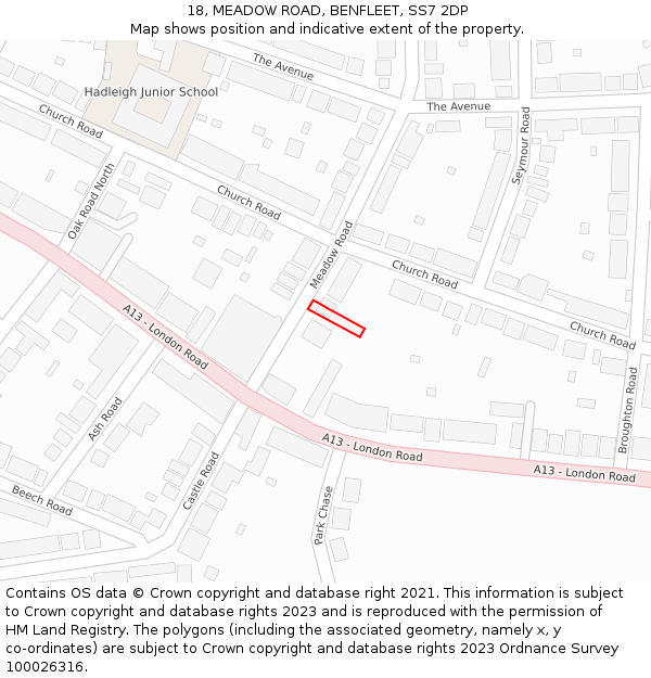 18, MEADOW ROAD, BENFLEET, SS7 2DP: Location map and indicative extent of plot