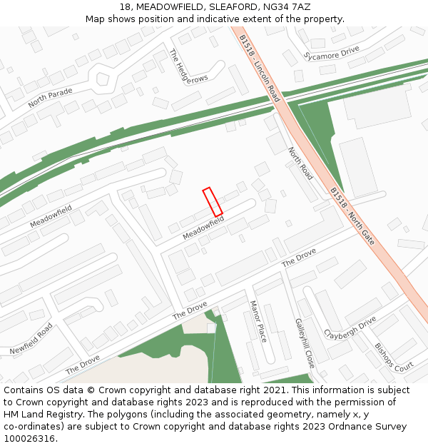 18, MEADOWFIELD, SLEAFORD, NG34 7AZ: Location map and indicative extent of plot