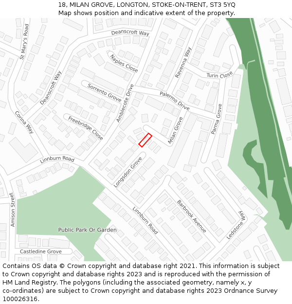 18, MILAN GROVE, LONGTON, STOKE-ON-TRENT, ST3 5YQ: Location map and indicative extent of plot