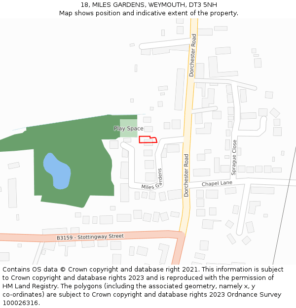 18, MILES GARDENS, WEYMOUTH, DT3 5NH: Location map and indicative extent of plot