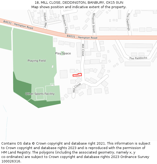 18, MILL CLOSE, DEDDINGTON, BANBURY, OX15 0UN: Location map and indicative extent of plot