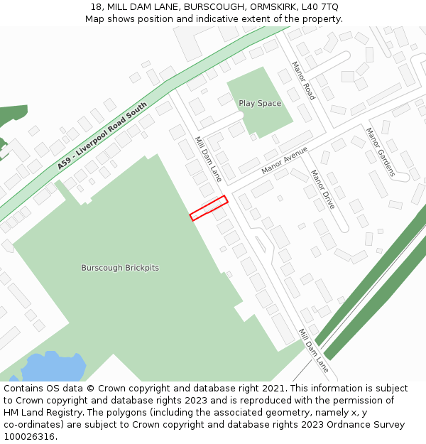 18, MILL DAM LANE, BURSCOUGH, ORMSKIRK, L40 7TQ: Location map and indicative extent of plot