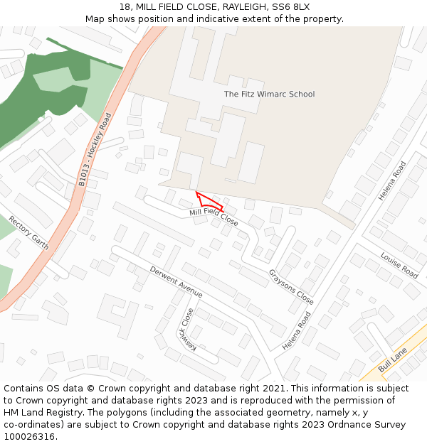 18, MILL FIELD CLOSE, RAYLEIGH, SS6 8LX: Location map and indicative extent of plot