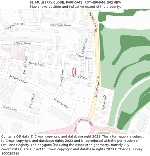 18, MULBERRY CLOSE, PARKGATE, ROTHERHAM, S62 6BW: Location map and indicative extent of plot