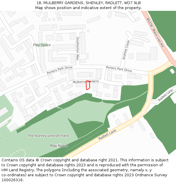 18, MULBERRY GARDENS, SHENLEY, RADLETT, WD7 9LB: Location map and indicative extent of plot